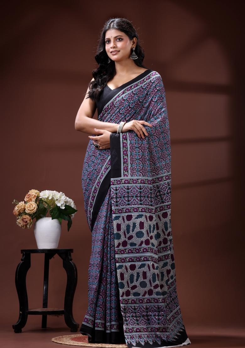 Blue Printed Cotton Saree Set - Indya