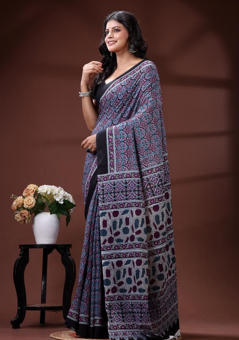 Blue Printed Cotton Saree Set - Indya