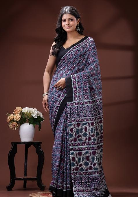 Blue Printed Cotton Saree Set