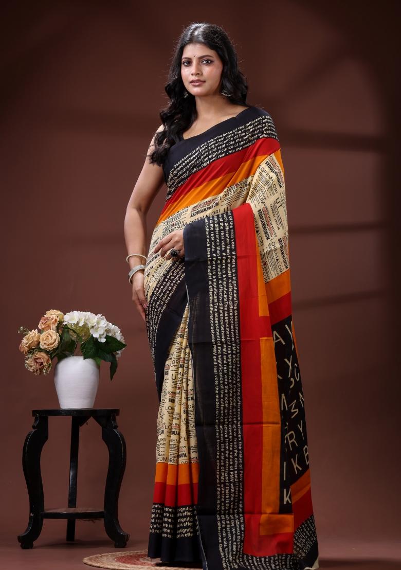Beige Printed Cotton Saree Set - Indya