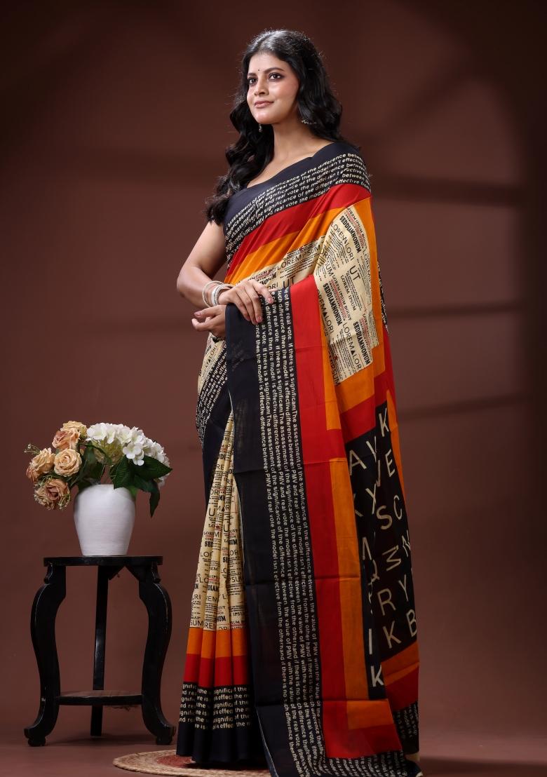 Beige Printed Cotton Saree Set - Indya