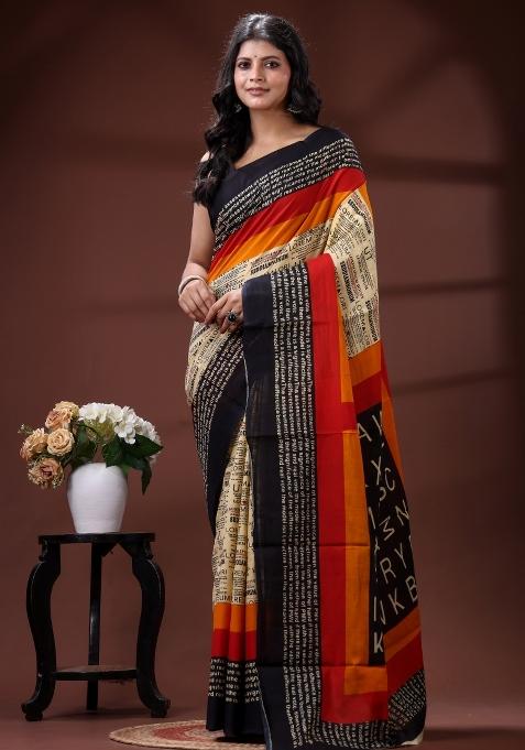 Beige Printed Cotton Saree Set