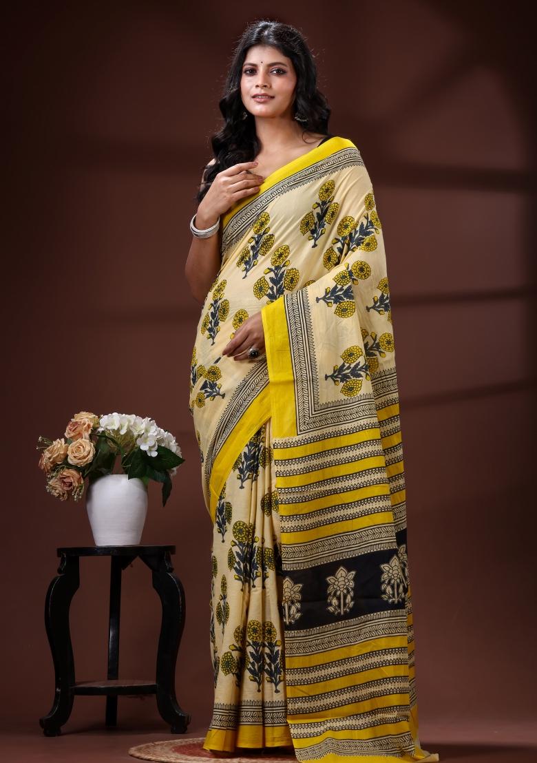 Beige Printed Cotton Saree Set - Indya