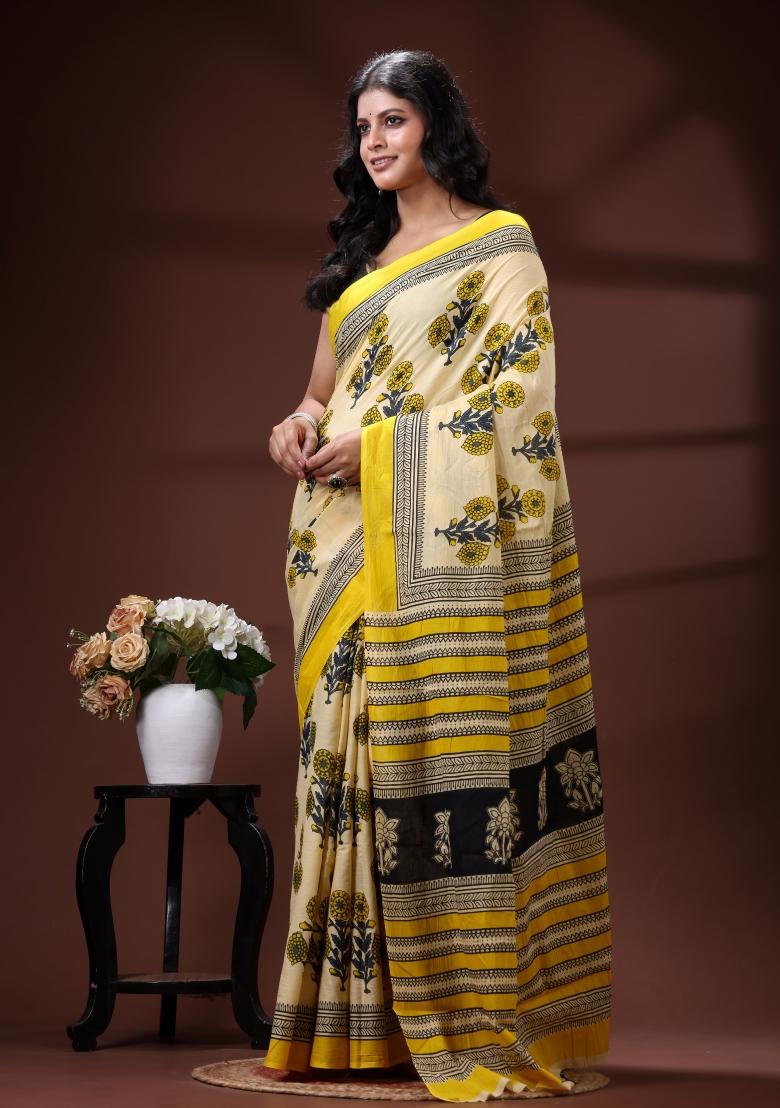 Beige Printed Cotton Saree Set - Indya