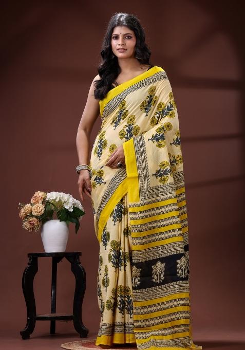 Beige Printed Cotton Saree Set