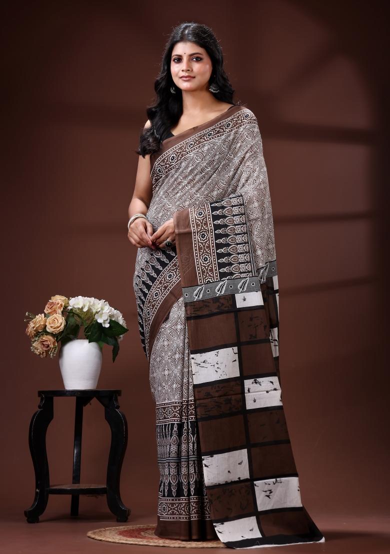 Brown Printed Cotton Saree Set - Indya
