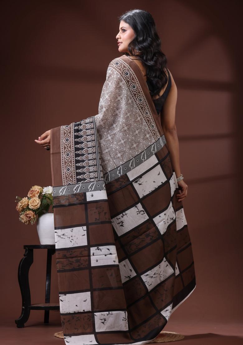 Brown Printed Cotton Saree Set - Indya