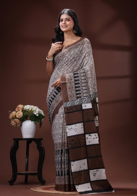 Brown Printed Cotton Saree Set