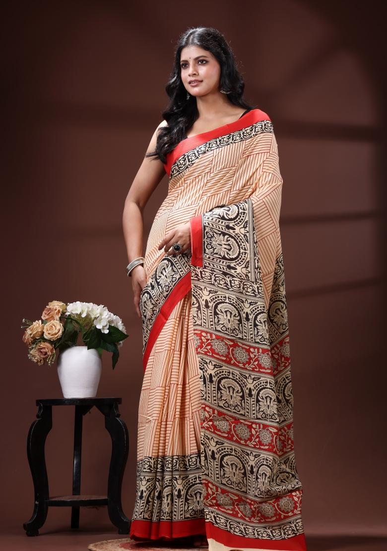 Beige Printed Cotton Saree Set - Indya
