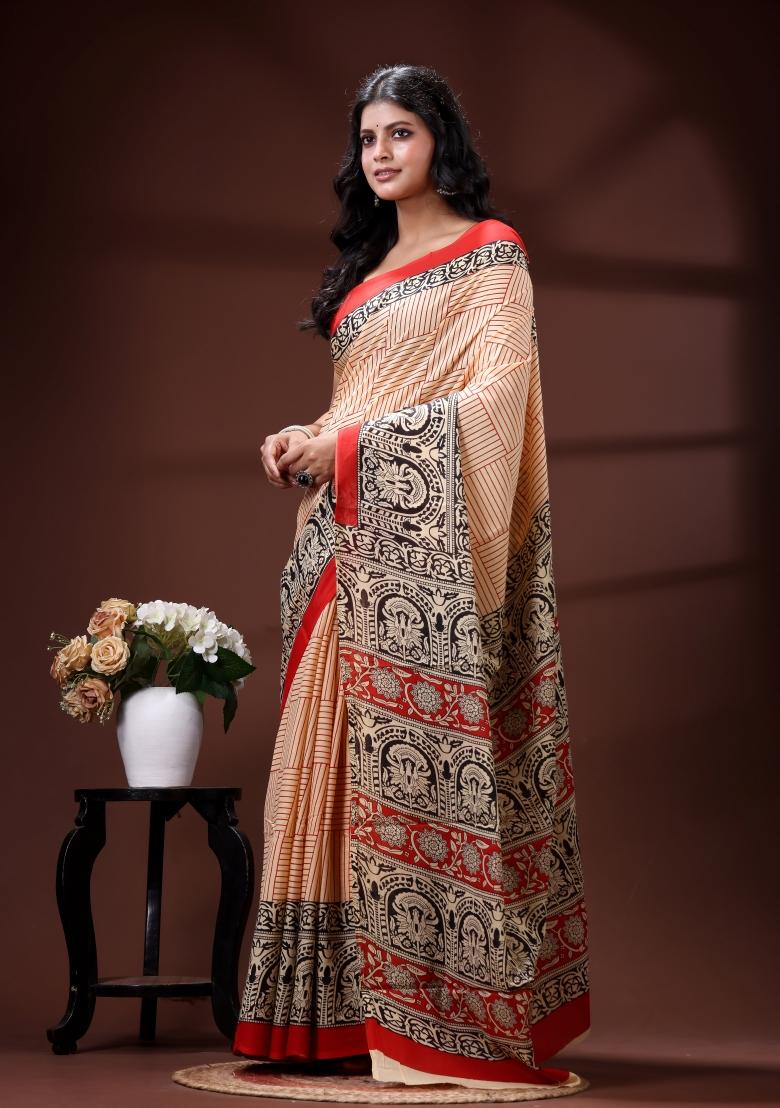 Beige Printed Cotton Saree Set - Indya
