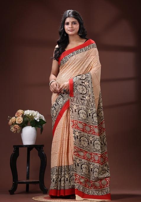 Beige Printed Cotton Saree Set