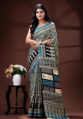Blue Printed Cotton Saree Set