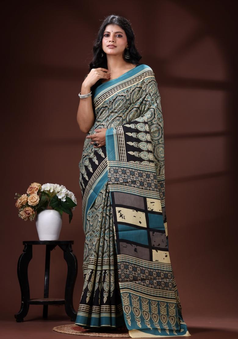 Blue Printed Cotton Saree Set - Indya