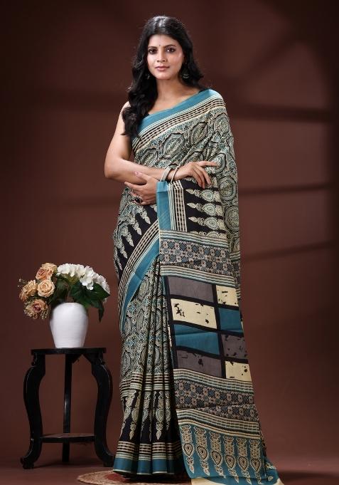 Blue Printed Cotton Saree Set