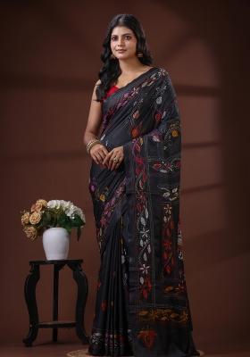 Black Embroidered Silk Blend Saree Set