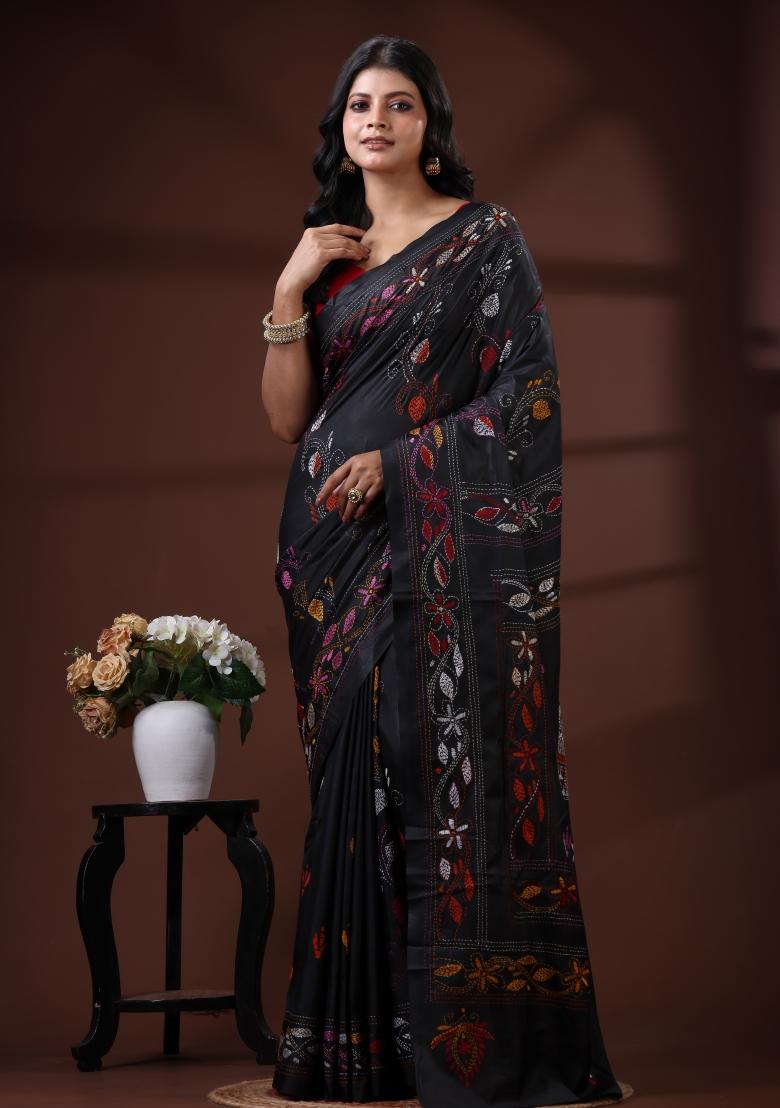 Black Embroidered Silk Blend Saree Set - Indya