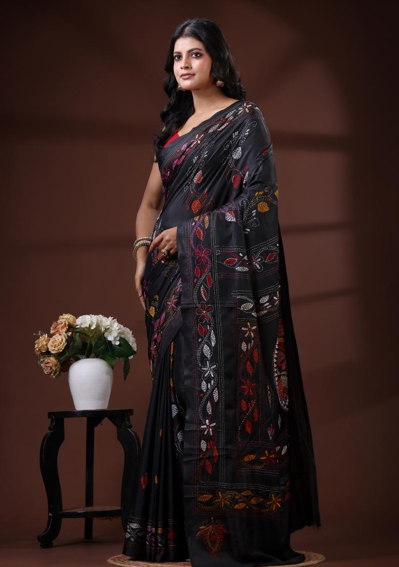 Black Embroidered Silk Blend Saree Set - Indya