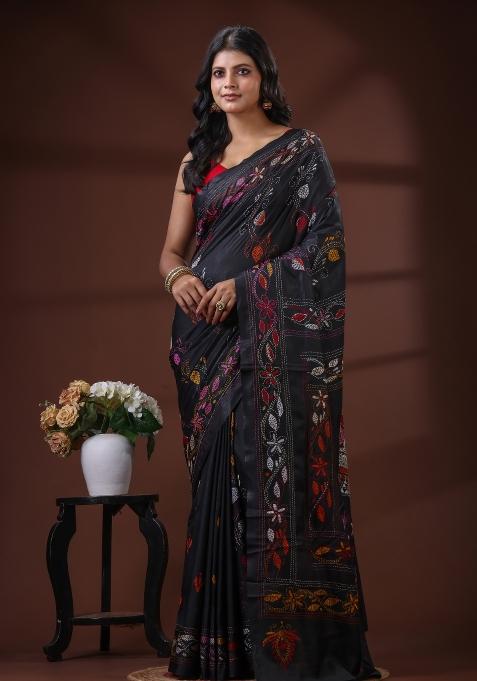 Black Embroidered Silk Saree Set