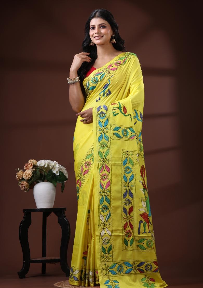 Yellow Embroidered Silk Blend Saree Set - Indya