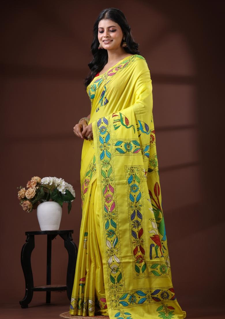 Yellow Embroidered Silk Blend Saree Set - Indya