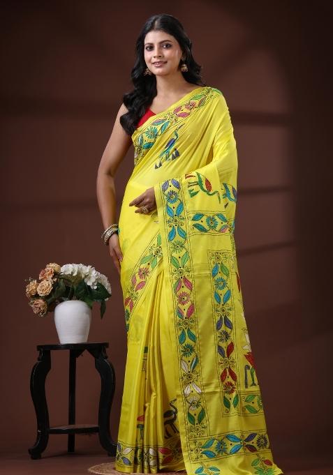 Yellow Embroidered Silk Saree Set