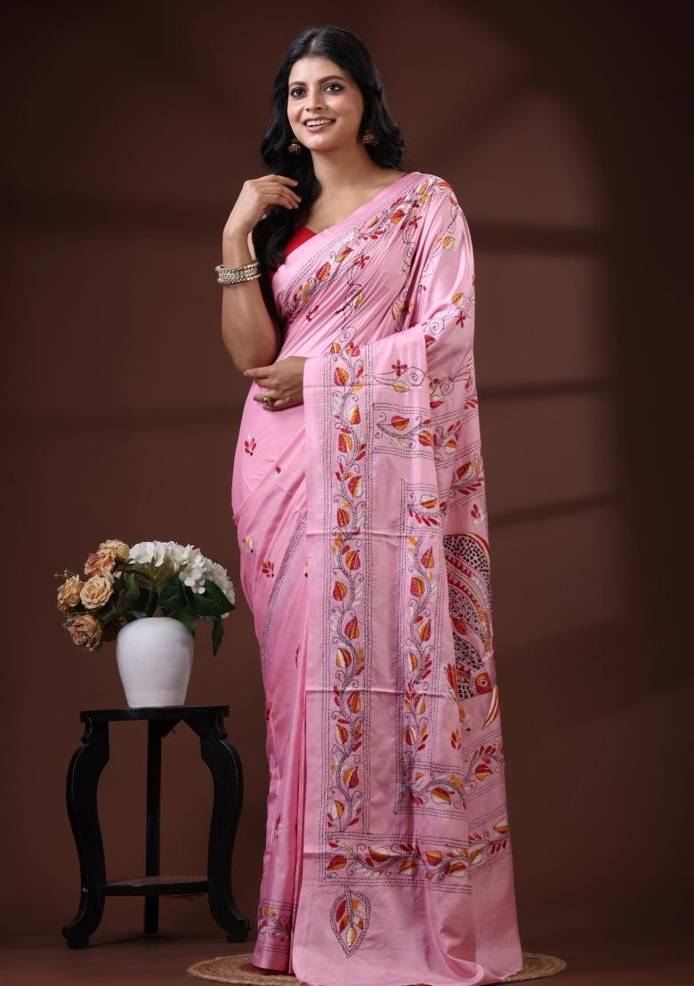 Pink Embroidered Silk Blend Saree Set - Indya