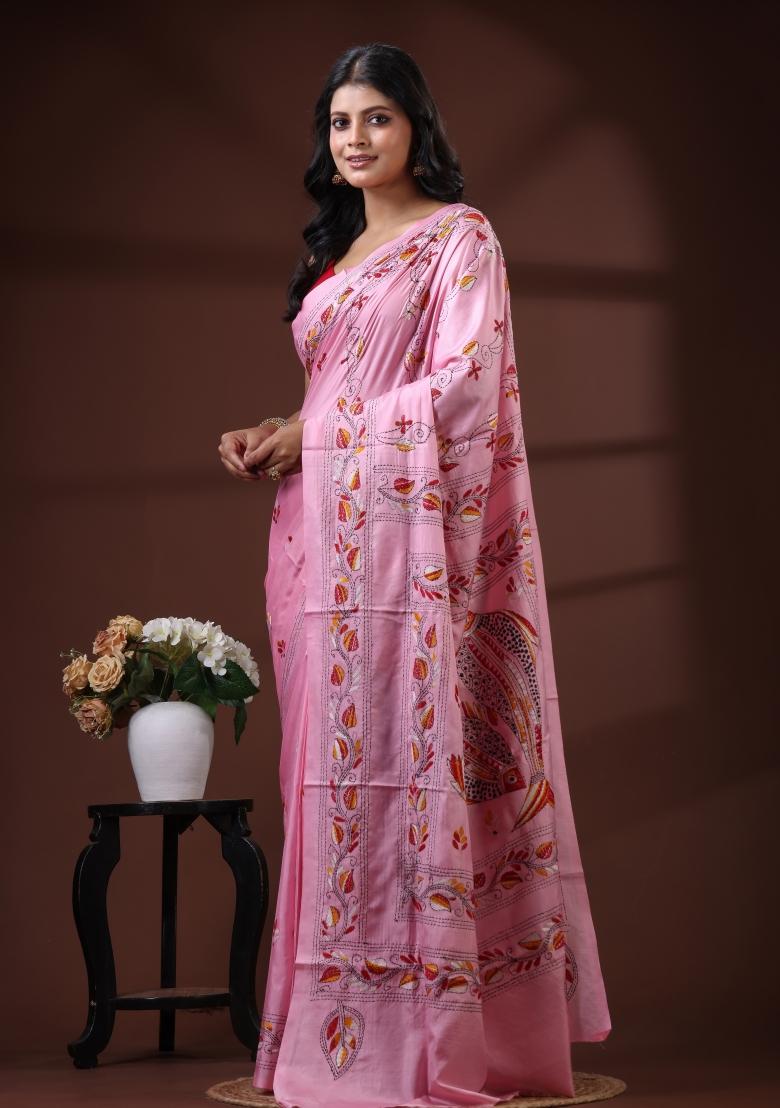 Pink Embroidered Silk Blend Saree Set - Indya