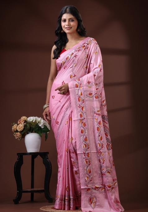 Pink Embroidered Silk Blend Saree Set