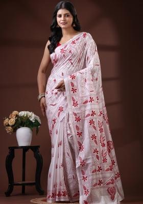 White Embroidered Silk Blend Saree Set