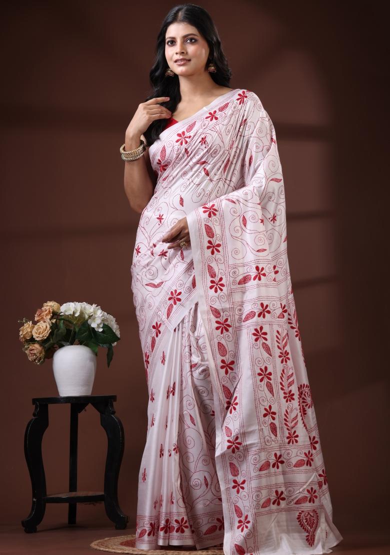 White Embroidered Silk Blend Saree Set - Indya