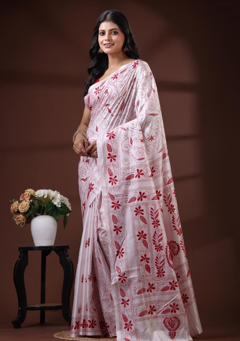 White Embroidered Silk Blend Saree Set - Indya