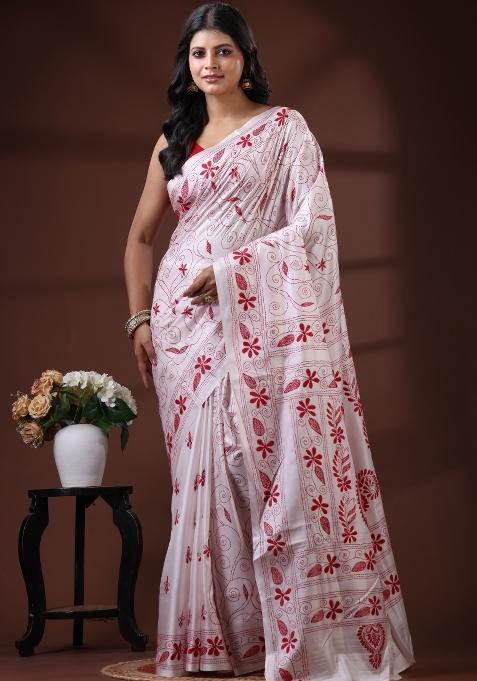 White Embroidered Silk Saree Set
