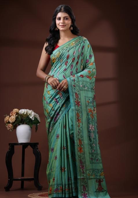 Green Embroidered Silk Saree Set