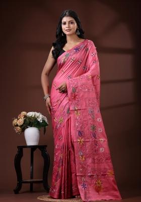 Pink Embroidered Silk Blend Saree Set