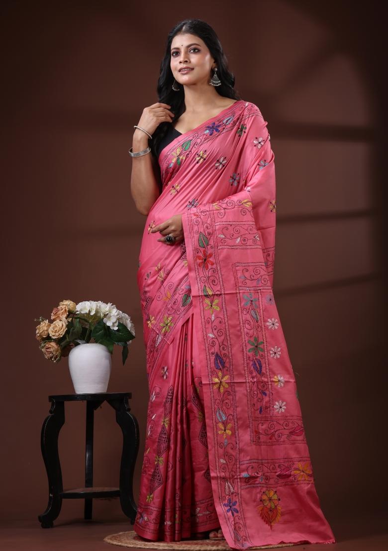 Pink Embroidered Silk Blend Saree Set - Indya