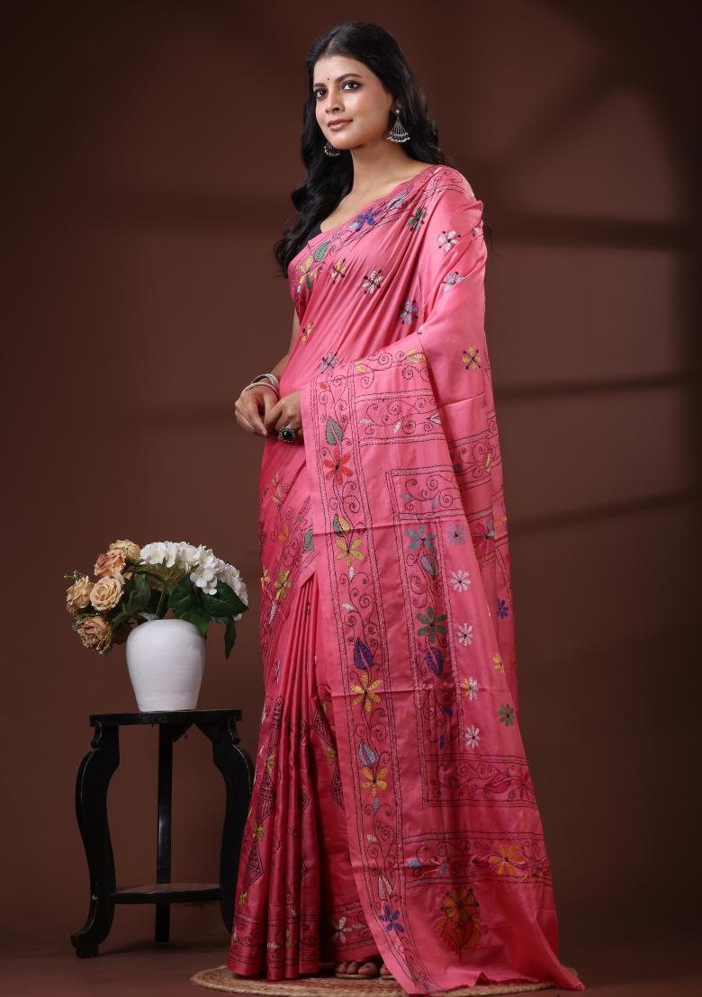 Pink Embroidered Silk Blend Saree Set - Indya