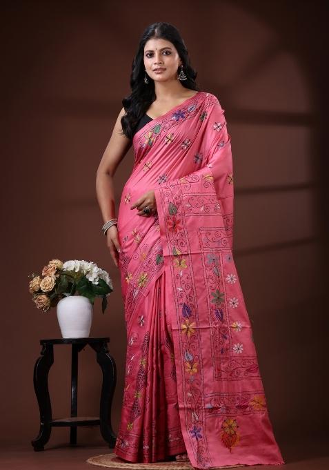 Pink Embroidered Silk Saree Set