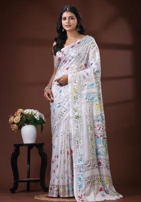White Embroidered Silk Blend Saree Set