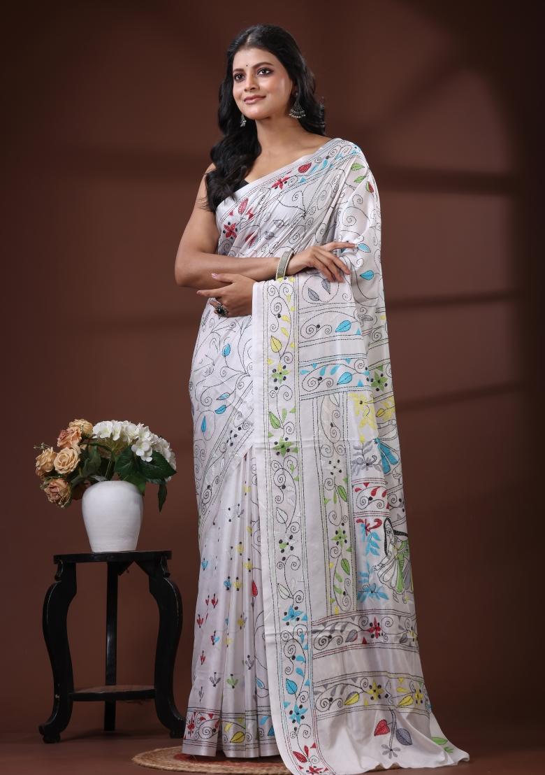 White Embroidered Silk Blend Saree Set - Indya