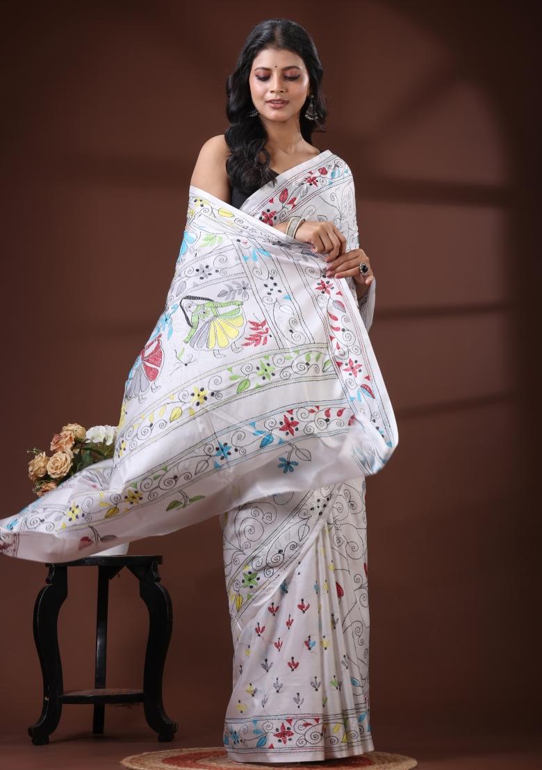 White Embroidered Silk Blend Saree Set - Indya