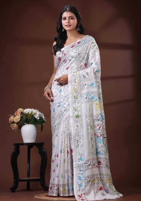 White Embroidered Silk Blend Saree Set
