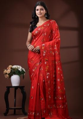 Red Embroidered Silk Blend Saree Set