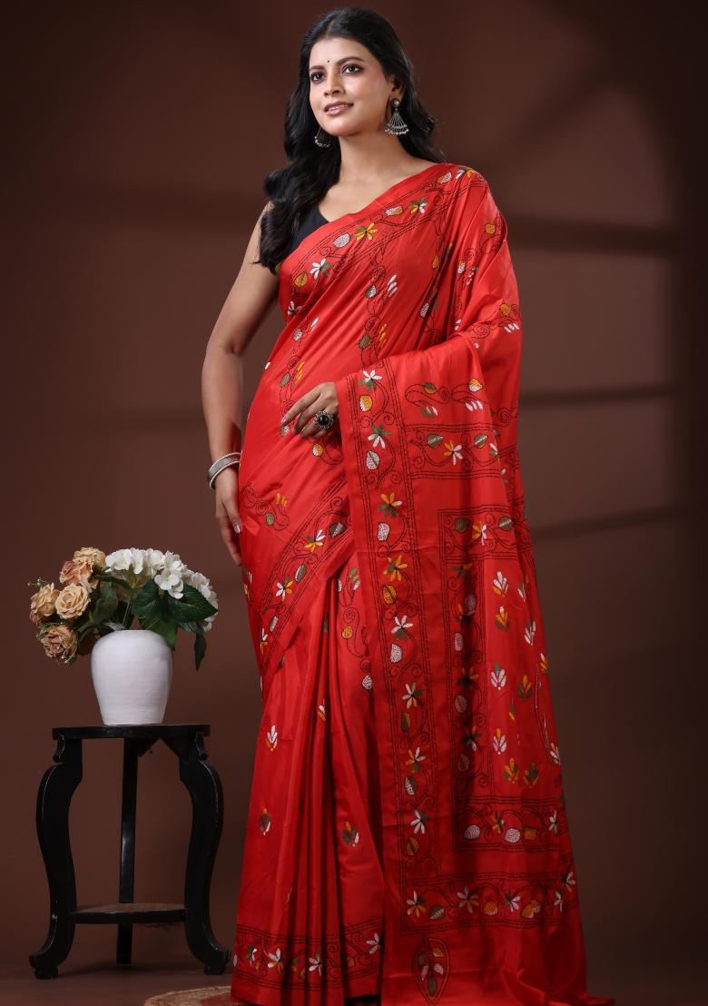 Red Embroidered Silk Blend Saree Set - Indya