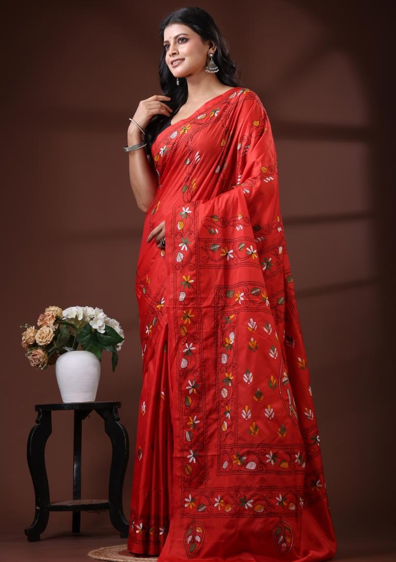 Red Embroidered Silk Blend Saree Set - Indya