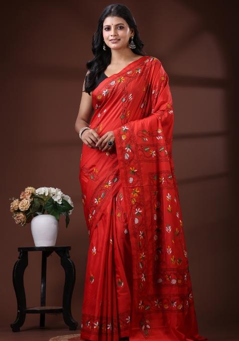 Red Embroidered Silk Blend Saree Set