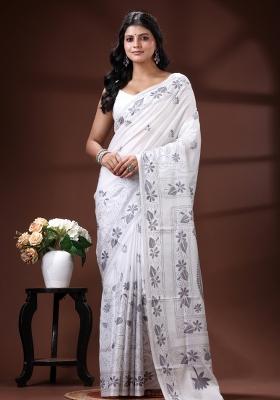 White Embroidered Silk Blend Saree Set