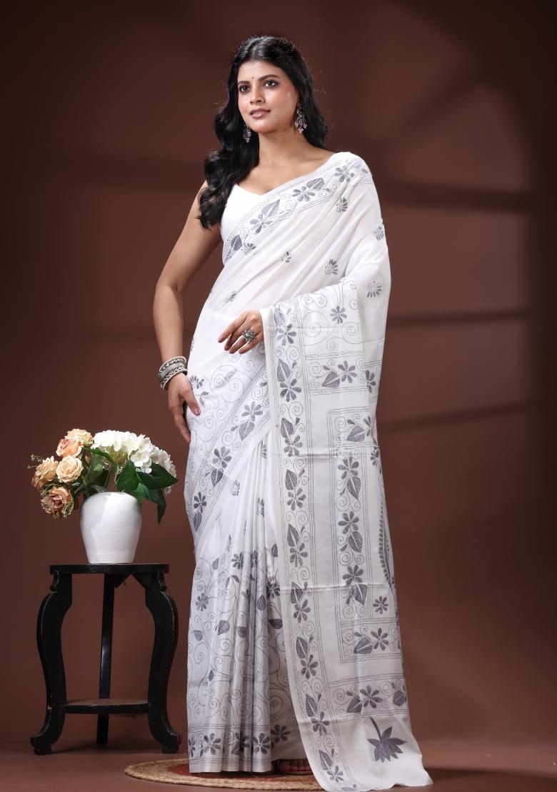 White Embroidered Silk Blend Saree Set - Indya