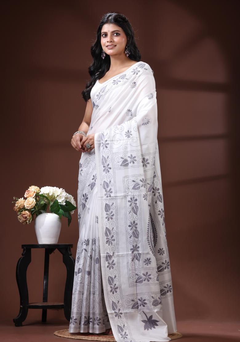 White Embroidered Silk Blend Saree Set - Indya