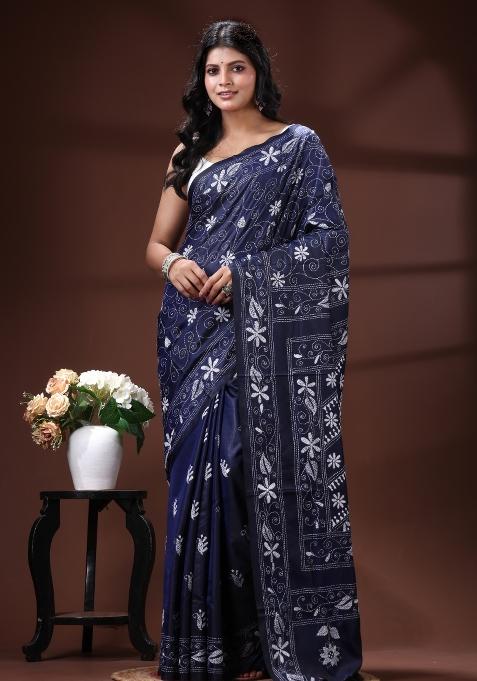 Off White Embroidered Silk Saree Set