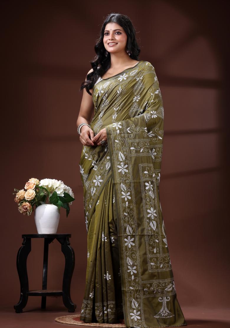 Green Embroidered Silk Blend Saree Set - Indya